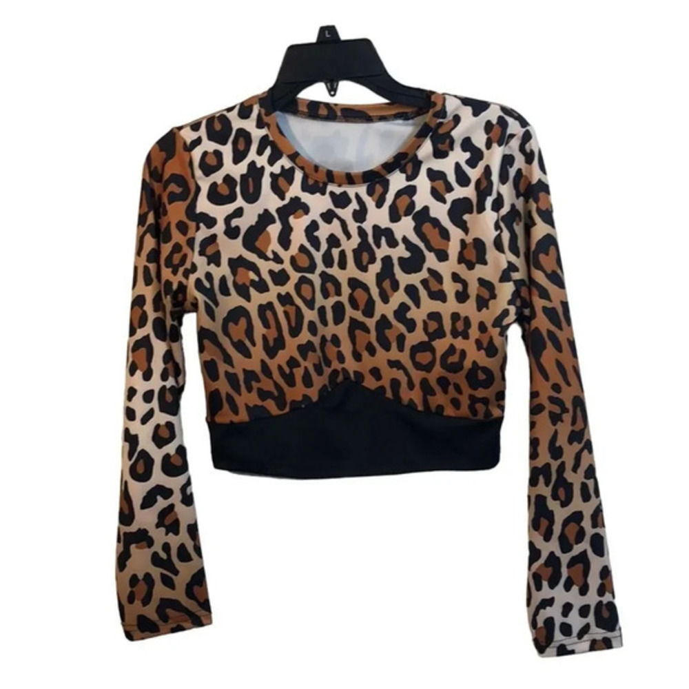 Leopard Print Long Sleeve‎ Top Crop Top Animal Print Trendy Fashion Top